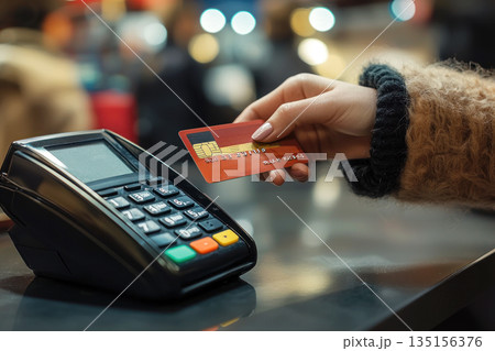 Woman's Hand Paying with Credit Card Using Credit Card on Reader 135156376