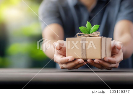 Close-up of Man's Hands Presenting an Environmentally Friendly Small Parcel 135156377