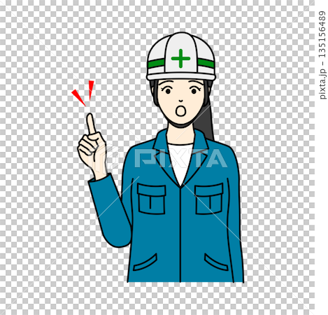ヘルメット姿で驚きながらポイントを指差す女性 ヘルメット姿で驚きながらポイントを指差す女性 135156489