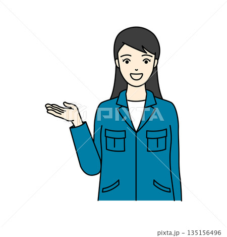 笑顔で案内ポーズをとる青い作業服姿の女性上半身イラスト 笑顔で案内ポーズをとる青い作業服姿の女性上半身イラスト 135156496