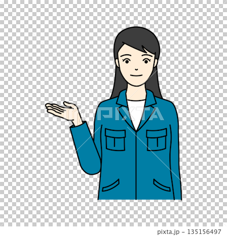 青い作業服を着て微笑みながら右手を差し出す女性のイラスト 青い作業服を着て微笑みながら右手を差し出す女性のイラスト 135156497