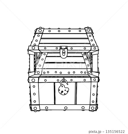 Outline for Half Opened Empty Medieval Chest with Padlock. Vector Illustration. Outline for Half Opened Empty Medieval Chest with Padlock. Vector Illustration. 135156522