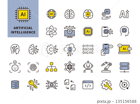 人工知能や機械学習を表すAI・テクノロジー系フラットアイコン素材セット 135156588