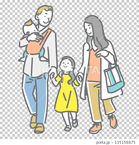 A young family enjoying a spring walk. A simple and stylish line drawing illustration A young family enjoying a spring walk. A simple and stylish line drawing illustration 135156875