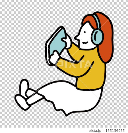 Woman wearing headphones and watching videos on her smartphone 135156955