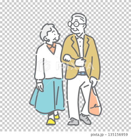 一幅簡潔而時尚的線條畫，描繪了一對老年夫婦享受春日漫步的場景。 135156959