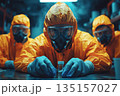 Toxic officers wearing gas masks inspected and assess of toxic in laboratory. 135157027