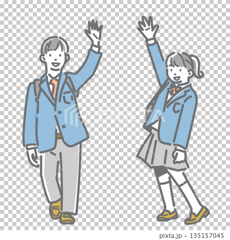 笑顔で手を振る高校生 シンプルでお洒落な線画イラスト 笑顔で手を振る高校生 シンプルでお洒落な線画イラスト 135157045