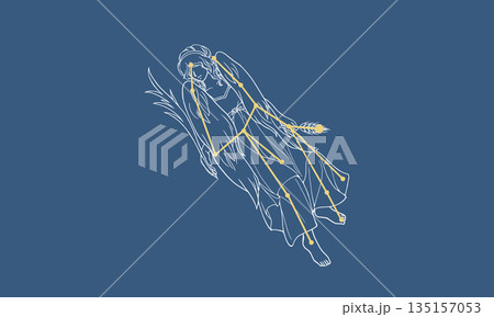 ネイビー色の背景に浮かぶ乙女座（白線の人物とゴールド色の星座線）のイラスト 135157053