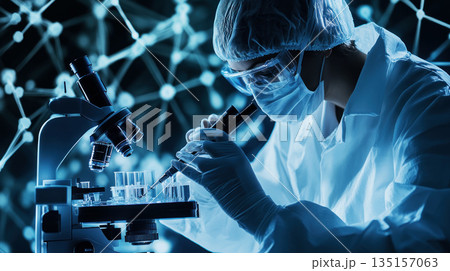 Doctor or researcher examines a sample, their expression focused and determined 135157063