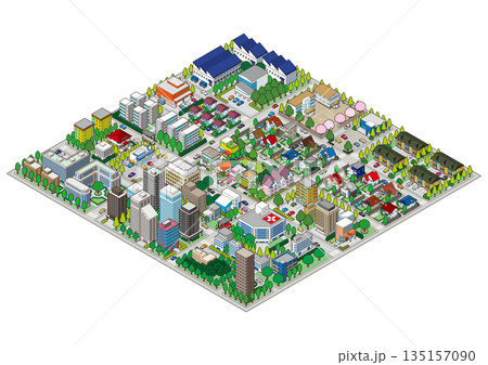 街並みの立体図. 都市の景観. アイソメ図で描いた都市. 135157090