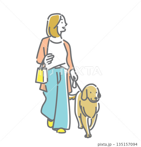 犬を散歩させる若い女性　シンプルでお洒落な線画イラスト女性, 若い, 犬, ペット, 愛犬, おでか 135157094