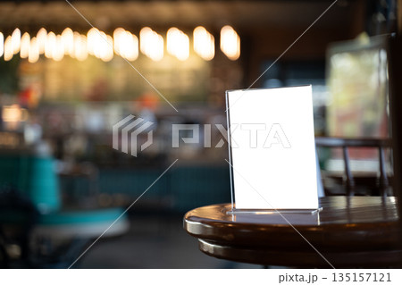Stand Mock up Menu frame tent card Blank menu display stand Mock up blurred background design key visual layout. 135157121