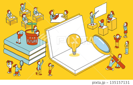 学生たちが学校や塾などでの学習を通じて未来・将来に向けた成長をするイラスト 135157131