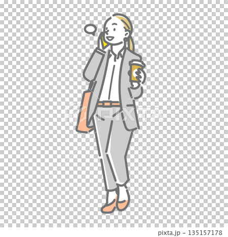 一位微笑、神清氣爽的女士去上班。簡潔時尚的線條畫插圖。 135157178