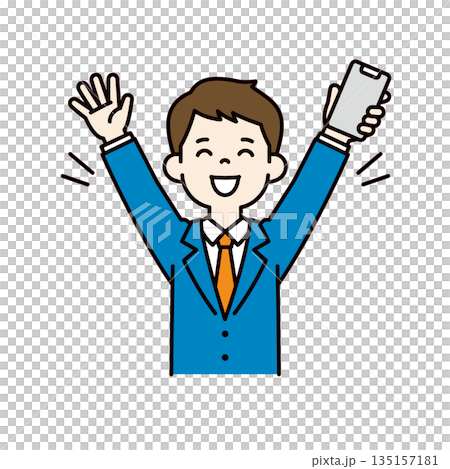一位年輕的商人手持智慧型手機，舉起雙臂做出萬歲手勢，彩色向量插圖素材。 135157181