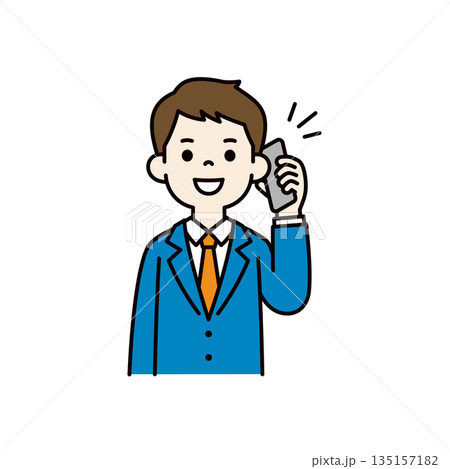 スマートフォンで話す・通話する、若いビジネスマンの上半身ベクターイラスト素材_カラー スマートフォンで話す・通話する、若いビジネスマンの上半身ベクターイラスト素材_カラー 135157182
