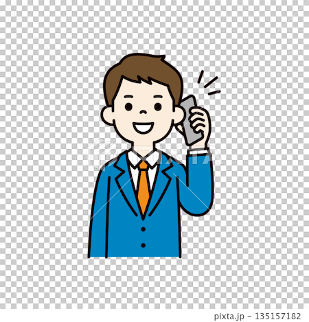 正在使用智慧型手機通話的年輕商務人士的上半身向量插圖(彩色) 正在使用智慧型手機通話的年輕商務人士的上半身向量插圖(彩色) 135157182