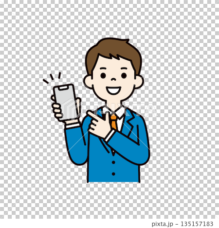 Smiling young businessman pointing at smartphone screen, upper body vector illustration material_color 135157183