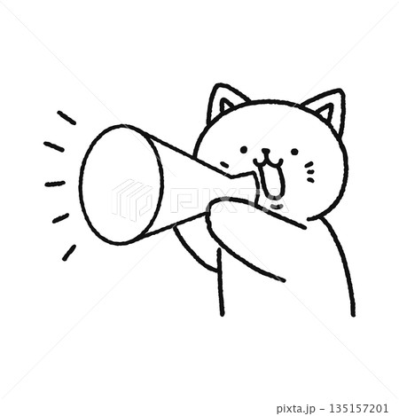 メガホンを持って叫ぶネコ　線画 135157201