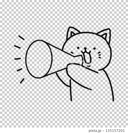 メガホンを持って叫ぶネコ　線画 135157201