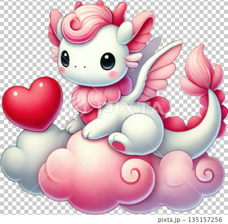 Adorable white dragon with pink accents sits on...のイラスト素材 [135157256 ...