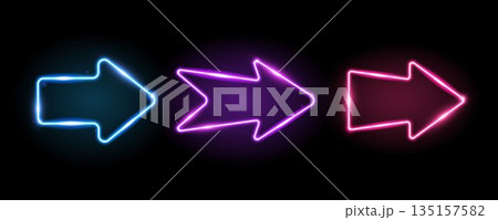 Blue, purple and pink neon arrow elements. 3 glowing led direction signs. Shine arrowhead shape tube lamps. Bright luminous fluorescent pointers for banner, poster, logo. Vector neon led lights Blue, purple and pink neon arrow elements. 3 glowing led direction signs. Shine arrowhead shape tube lamps. Bright luminous fluorescent pointers for banner, poster, logo. Vector neon led lights 135157582