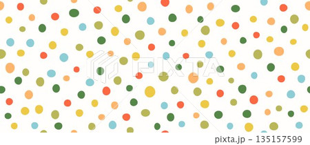 Cute birthday polka dot seamless pattern. Pastel repeated round random confetti background. Nice dotted wallpaper for Easter wrapping paper, birthday decoration design, kid bday nursery decor. Vector 135157599