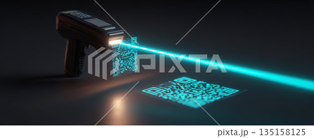 Barcode scanner emitting blue laser light scanning digital QR code on dark surface with futuristic technology concept 135158125