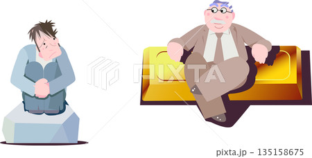 貧富の格差を象徴する、金の延べ棒に座る富裕層の男性と石に座る困窮した男性の比較イラスト 貧富の格差を象徴する、金の延べ棒に座る富裕層の男性と石に座る困窮した男性の比較イラスト 135158675