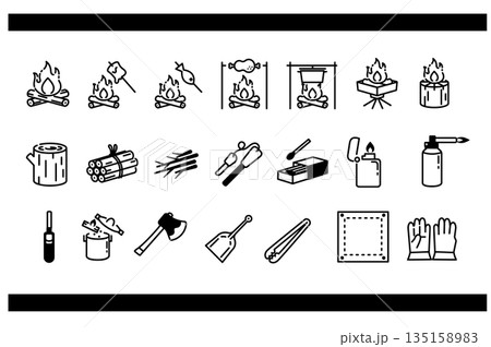 焚火と道具のシンプルなアイコンセット モノクロ 焚火と道具のシンプルなアイコンセット モノクロ 135158983