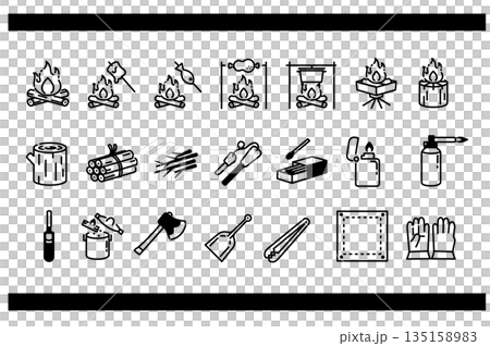 一套簡潔的篝火和工具圖標，單色 135158983