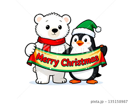 Cartoon polar bears and penguins stand together holding a cheerful "Merry Christmas" banner, wearing red scarves and green Santa hats on a clean white background. 135158987