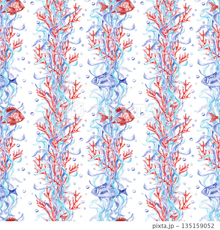 A seamless pattern with fish, corals, and seaweed on a blue background. This hand-drawn watercolor illustration is perfect for swimming pool decor, children's rooms, and theme party designs. 135159052