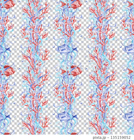 A seamless pattern with fish, corals, and seaweed on a blue background. This hand-drawn watercolor illustration is perfect for swimming pool decor, children's rooms, and theme party designs. 135159052