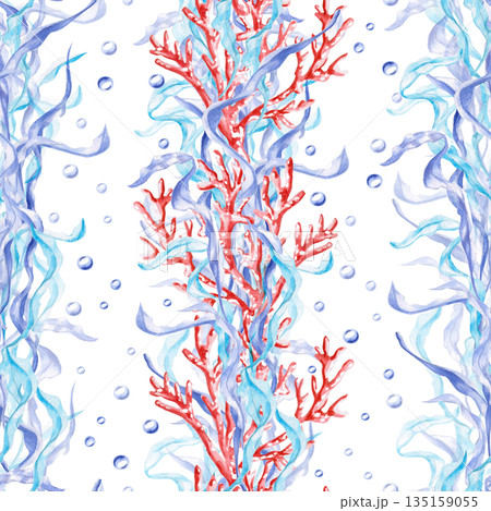 A seamless pattern with corals, seaweed, and bubbles. Hand-drawn watercolor illustration for pool decor, children's spaces, theme party designs, and fabric printing. 135159055