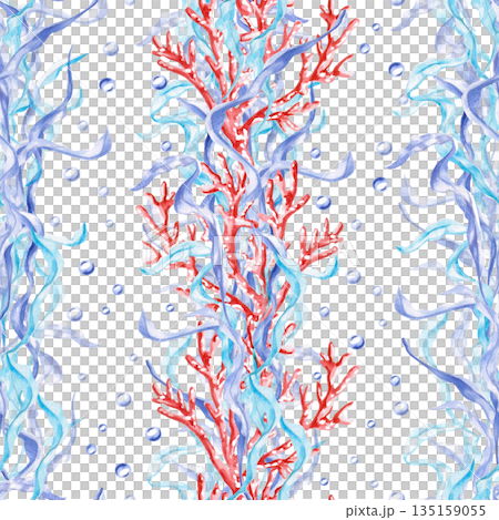 A seamless pattern with corals, seaweed, and bubbles. Hand-drawn watercolor illustration for pool decor, children's spaces, theme party designs, and fabric printing. 135159055