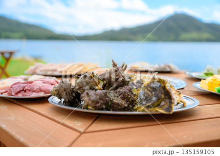 湖畔でバーベキューの食材 【撮影協力:隠岐シーサイドリゾートみやび様】 湖畔でバーベキューの食材 【撮影協力:隠岐シーサイドリゾートみやび様】 135159105