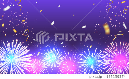 青と紫のグラデーション背景に輝く花火と紙吹雪のイラスト 135159374