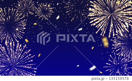 青い背景に弾ける黄金の花火と紙吹雪のイラスト背景 135159378