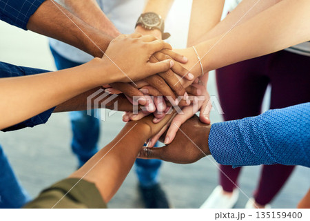 Team, hands together and trust of staff with collaboration, support and community. Diversity, worker friends and group with achievement, solidarity and agreement hand sign for teamwork success Team, hands together and trust of staff with collaboration, support and community. Diversity, worker friends and group with achievement, solidarity and agreement hand sign for teamwork success 135159400