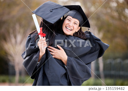 Woman friends, congratulations hug and graduation at college, campus and celebration with diploma. University students, graduate event and certificate for success, achievement and excited in embrace Woman friends, congratulations hug and graduation at college, campus and celebration with diploma. University students, graduate event and certificate for success, achievement and excited in embrace 135159482