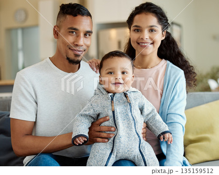 Family, smile and portrait of baby in home living room, bonding and having fun in house. Father, mother and face of child on sofa, relax with newborn and enjoying quality time together with happiness Family, smile and portrait of baby in home living room, bonding and having fun in house. Father, mother and face of child on sofa, relax with newborn and enjoying quality time together with happiness 135159512