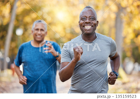 Race, friends and running with old men in park for fitness, workout and exercise. Wellness, retirement and happy with senior people training in nature for motivation, sports and morning cardio 135159523