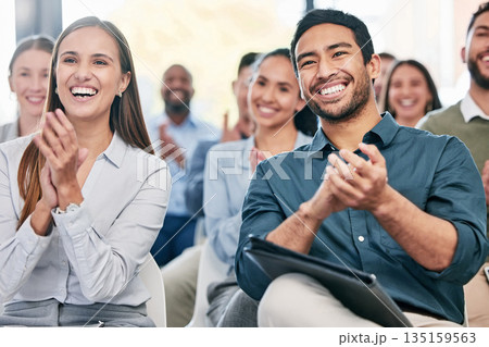 Business people, applause and staff in a workshop, celebration and teamwork with collaboration, smile and success. Coworkers, audience or group clapping, happiness and winning with corporate training Business people, applause and staff in a workshop, celebration and teamwork with collaboration, smile and success. Coworkers, audience or group clapping, happiness and winning with corporate training 135159563