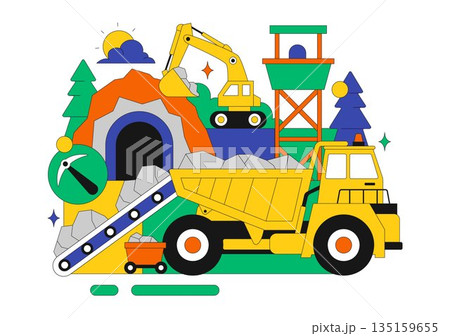 Mining Company Vector Illustration Featuring Heavy Yellow Dumper Trucks for Industrial Sand Mining Transportation Process on Flat Background 135159655