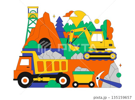 Mining Company Vector Illustration Featuring Heavy Yellow Dumper Trucks for Industrial Sand Mining Transportation Process on Flat Background 135159657