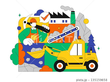 Mining Company Vector Illustration Featuring Heavy Yellow Dumper Trucks for Industrial Sand Mining Transportation Process on Flat Background 135159658
