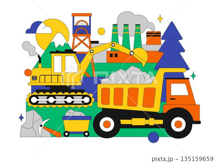 Mining Company Vector Illustration Featuring Heavy Yellow Dumper Trucks for Industrial Sand Mining Transportation Process on Flat Background 135159659