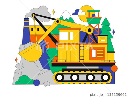 Mining Company Vector Illustration Featuring Heavy Yellow Dumper Trucks for Industrial Sand Mining Transportation Process on Flat Background 135159661